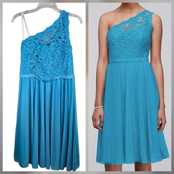 David's Bridal Short One Shoulder Lace Dress Marine Blue Prom Formal Bridesmaid - Picture 1 of 13